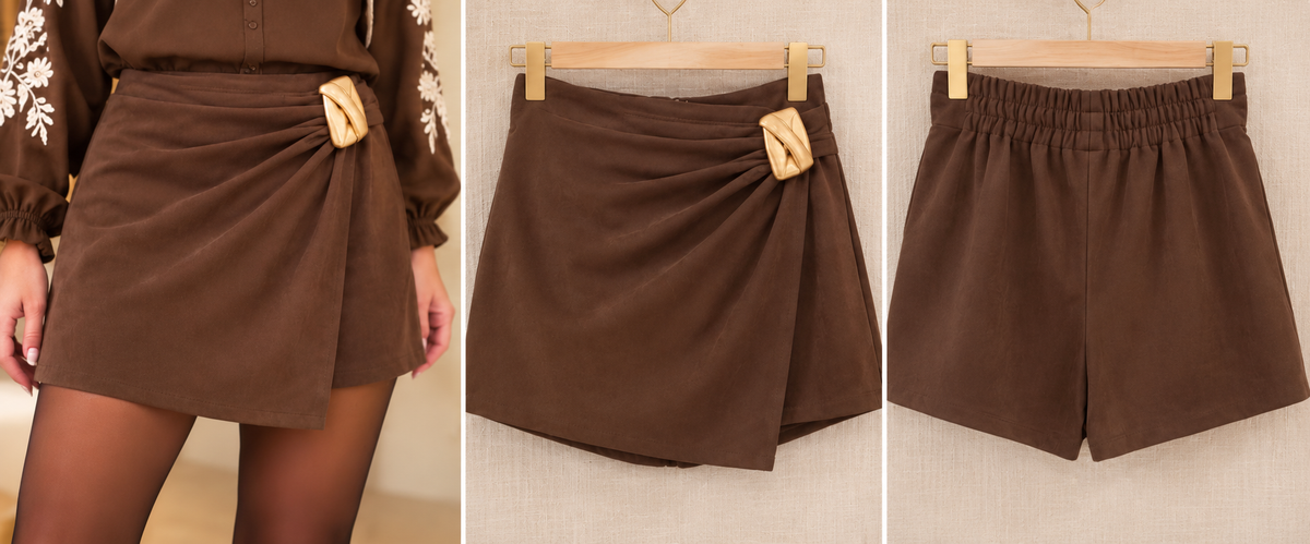 Jupe short chocolat en suédine – Tendance automne 🍂🤎
