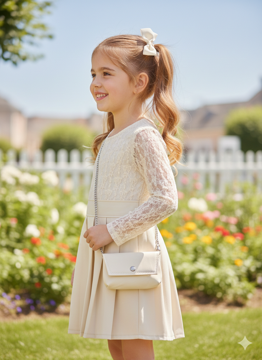 Robe beige plissée avec effet transparent et sac assorti