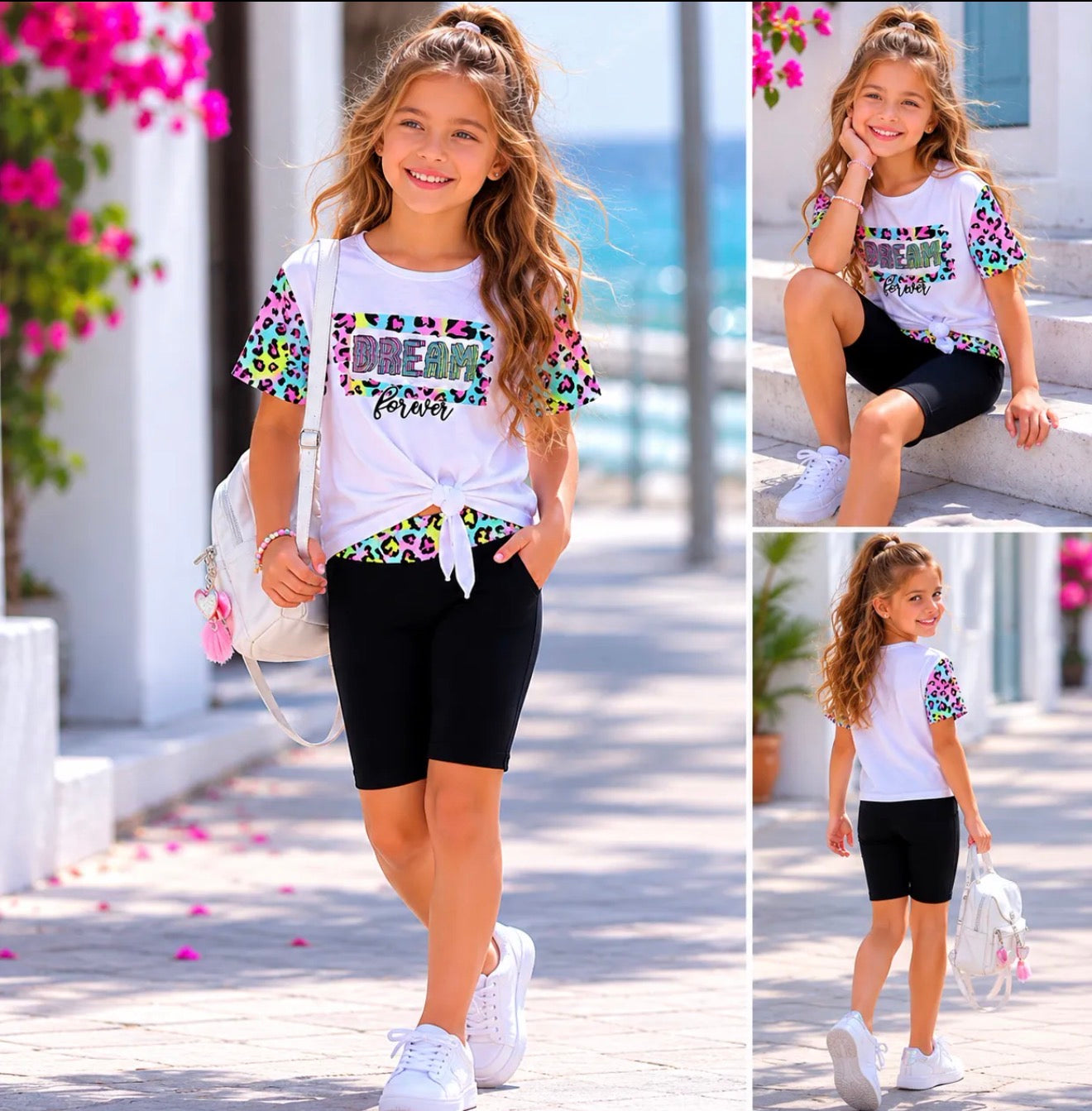 Ensemble fille T-shirt à nœud & cycliste