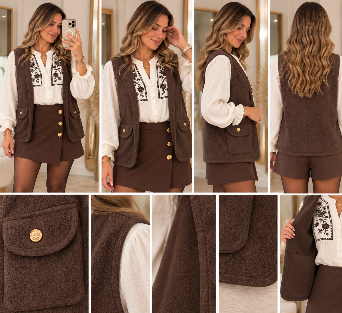 Gilet sans manches femme chocolat à boutons dorés