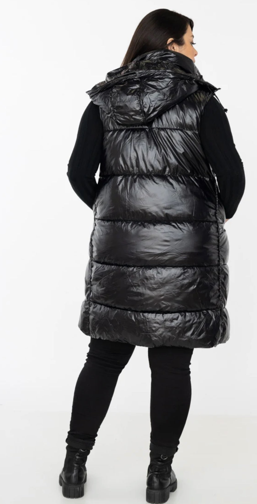 🖤 Doudoune longue sans manches noire brillante avec capuche – 100 % polyester