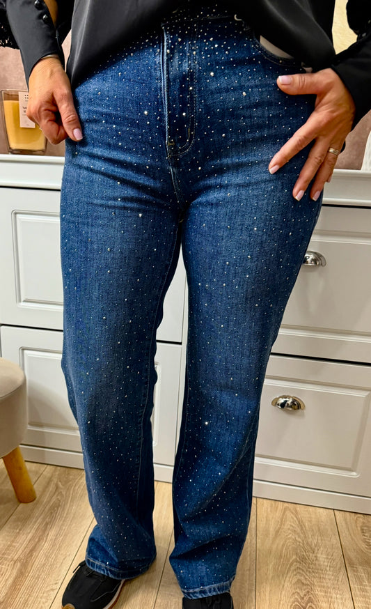 ✨ Jean femme – Strass sur le devant, matière extensible - Coupe Wide leg