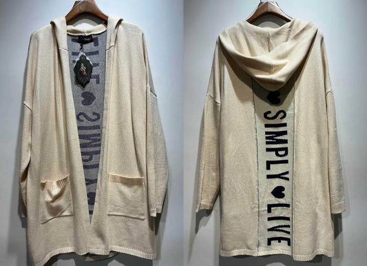 🖤 Gilet long femme – Capuche, poches et écriture « Live Simply »