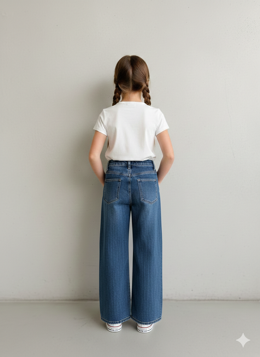 Jean fille coupe Wide Leg avec strass et taille ajustable