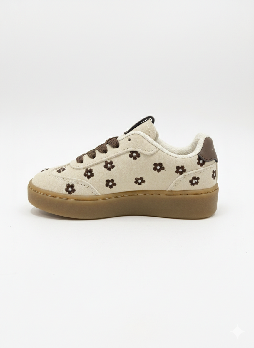 Baskets fille beige avec fleurs brodées marron