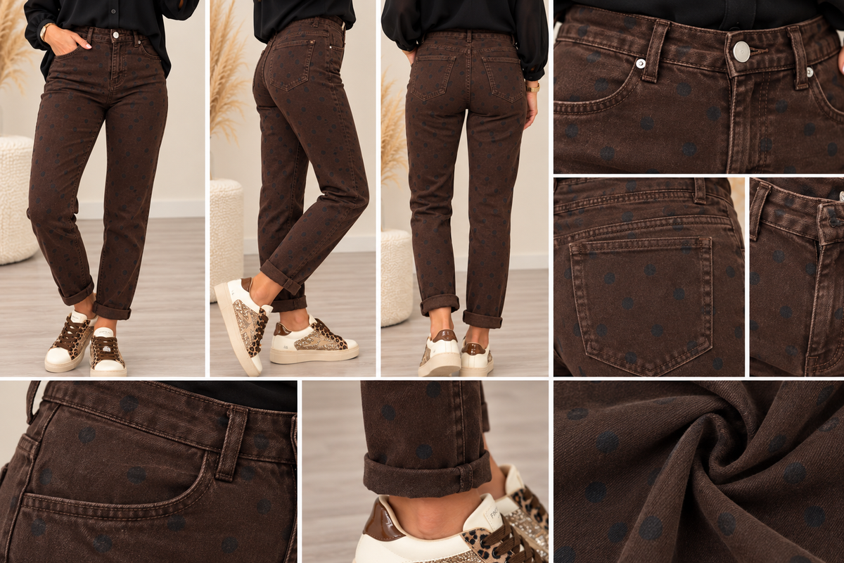 Jean Mom femme chocolat à pois noirs – Taille haute et ultra extensible