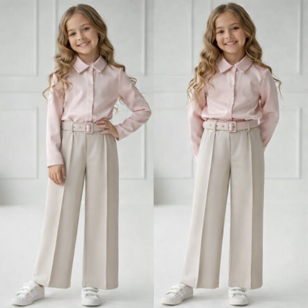 Ensemble fille pantalon large avec ceinture et chemise satinée