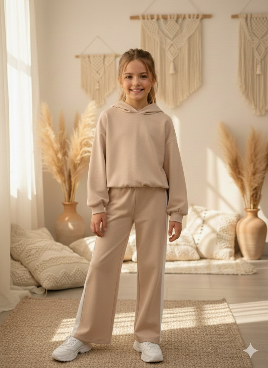 Ensemble fille sweat à capuche et pantalon élastique – Beige ou jaune