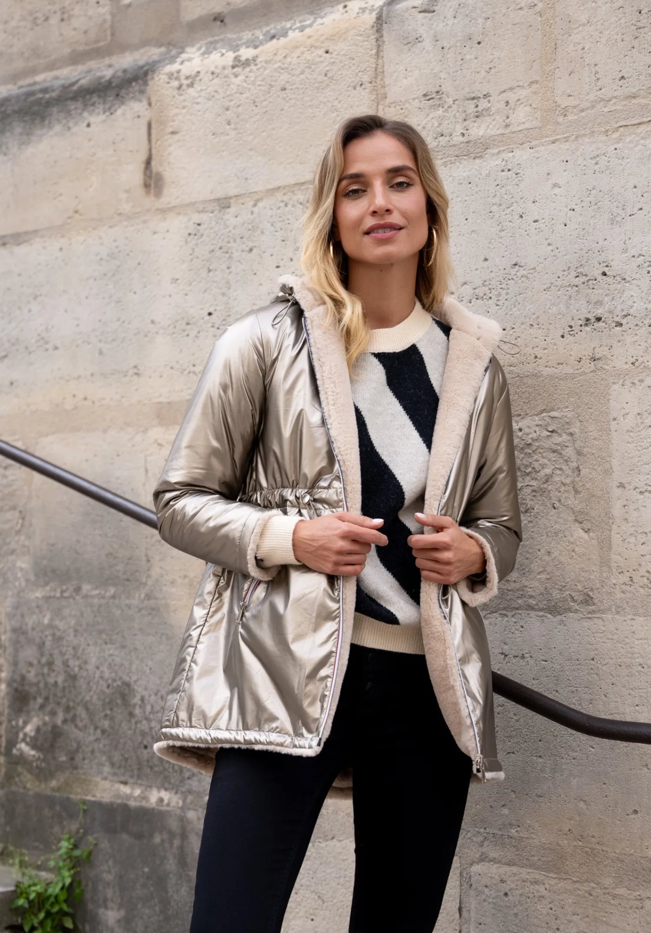 Manteau réversible doré & fourrure