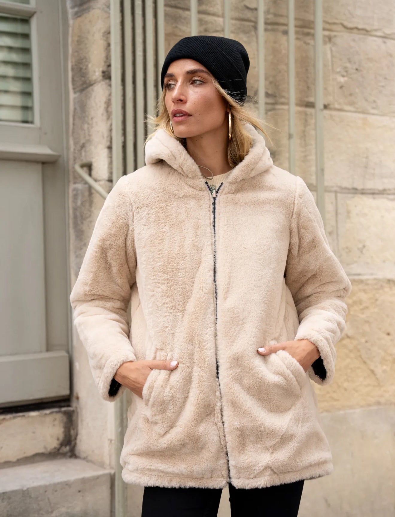 Manteau réversible doré & fourrure