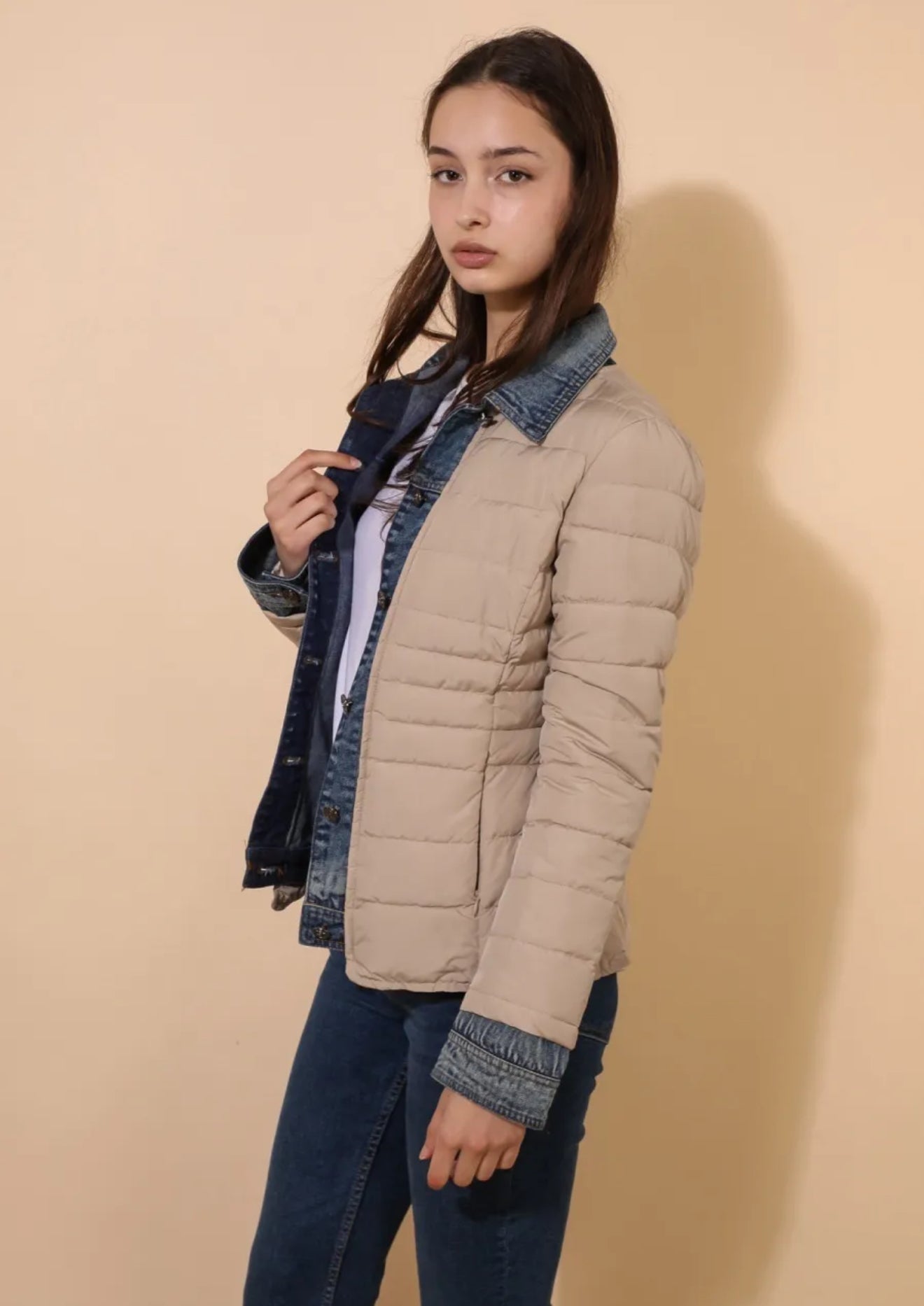 Doudoune beige à effet denim