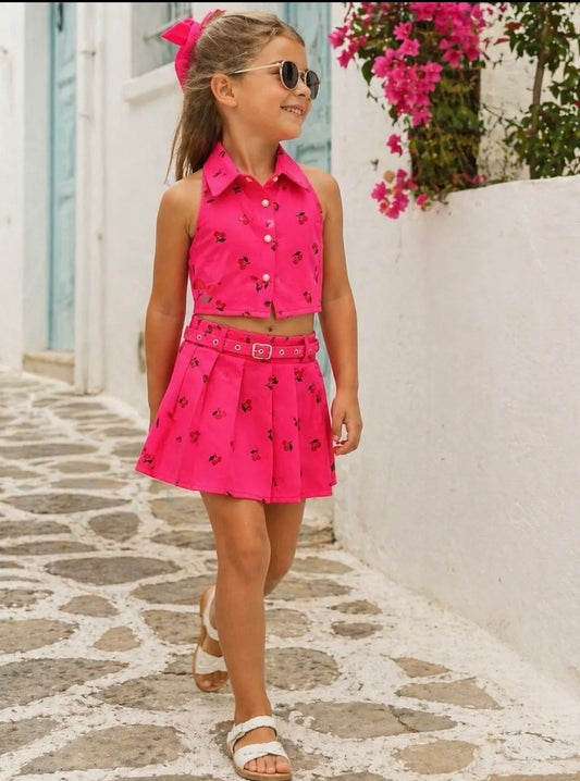 Ensemble fille top dos nu & jupe motif cerises