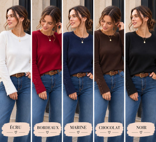 Pull femme avec détails dentelle et boutons