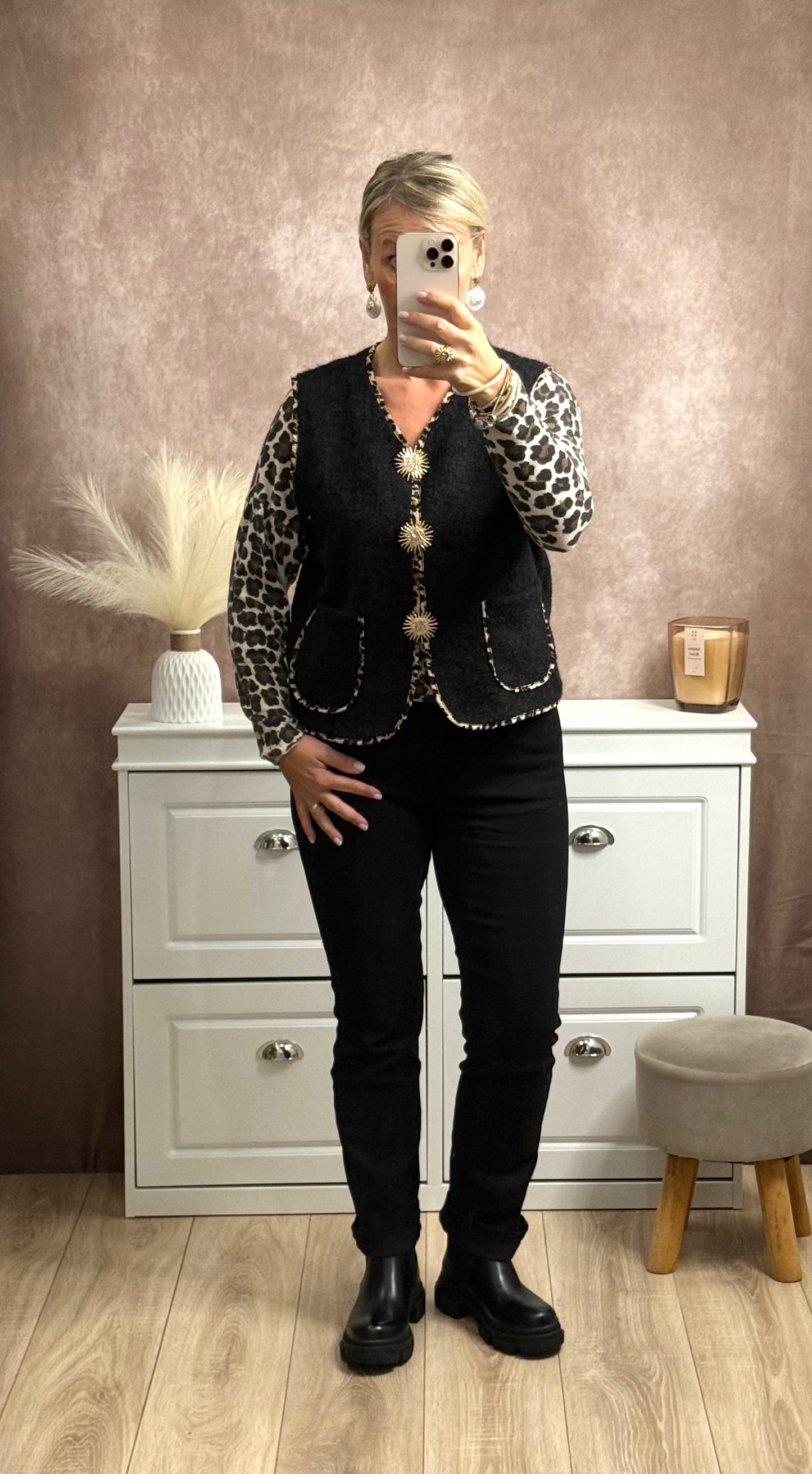 🐆 Gilet couleur unie avec liseré en imprimé léopard – Taille unique (36-42 / 42-46)