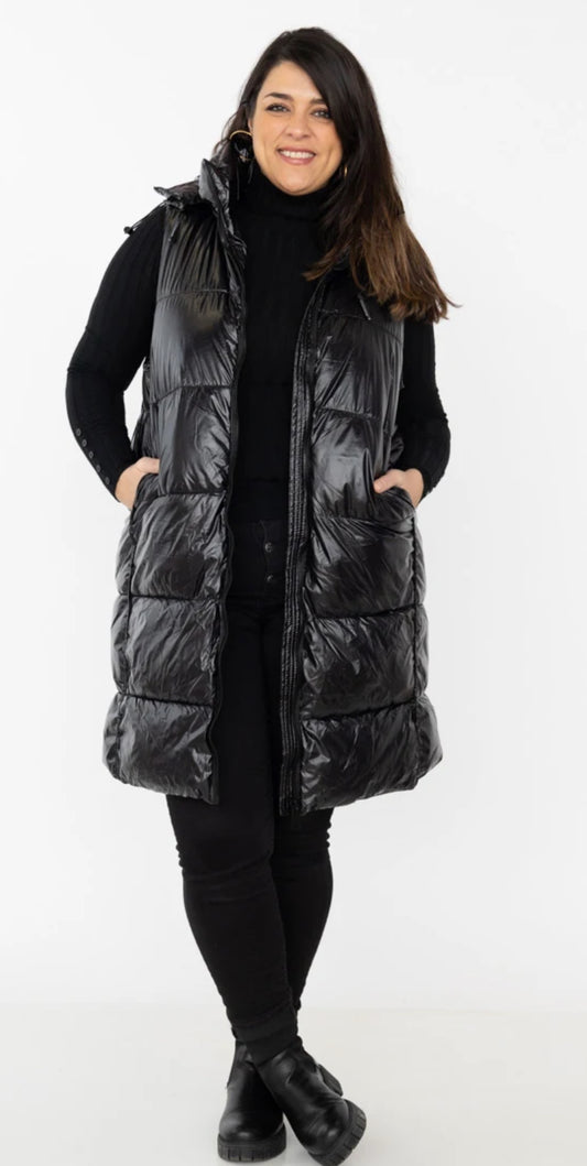 🖤 Doudoune longue sans manches noire brillante avec capuche – 100 % polyester