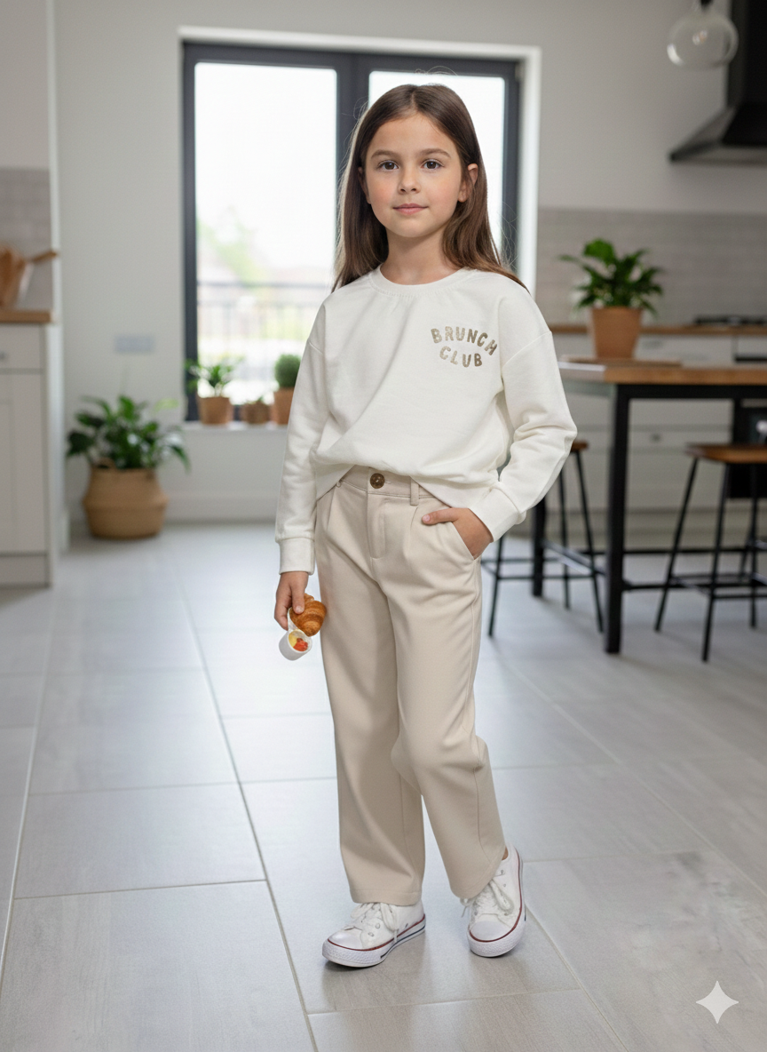 Pantalon beige fille coupe large avec taille élastique et bouton