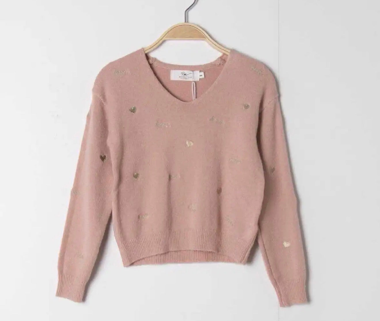 Pull rose mère-fille avec cœur et “Amour” doré
