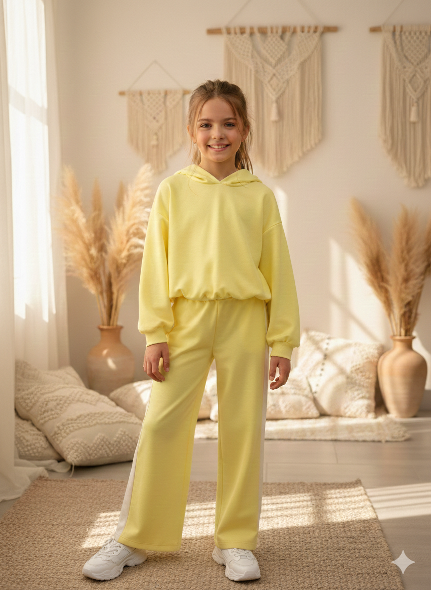 Ensemble fille sweat à capuche et pantalon élastique – Beige ou jaune
