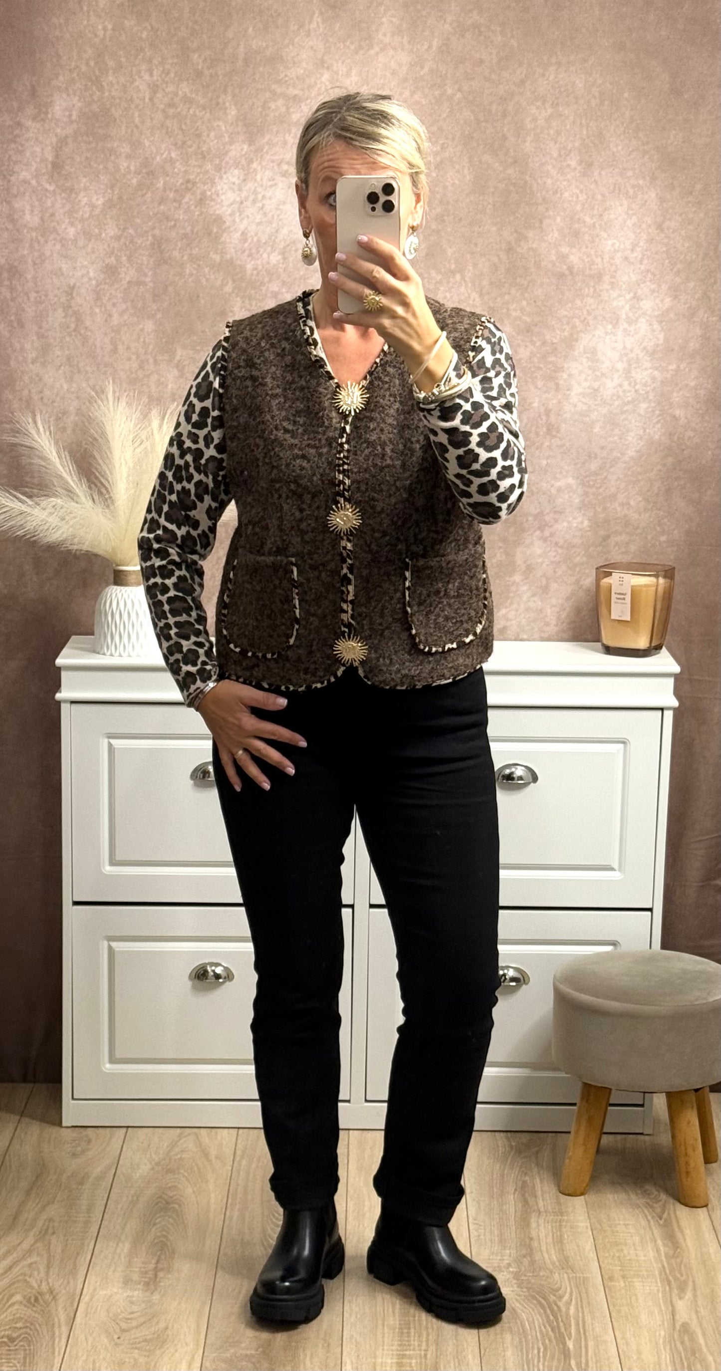 🐆 Gilet couleur unie avec liseré en imprimé léopard – Taille unique (36-42 / 42-46)