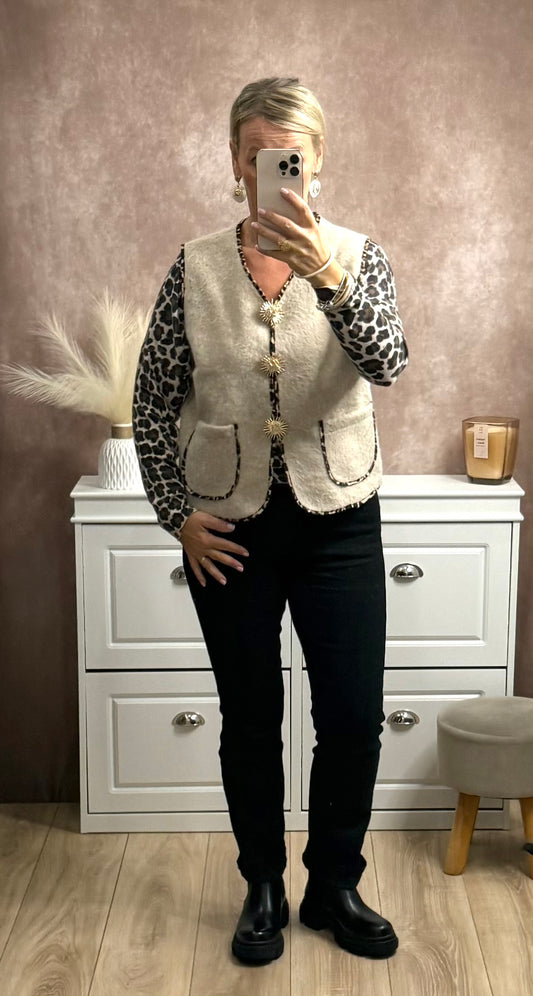 🐆 Gilet couleur unie avec liseré en imprimé léopard – Taille unique (36-42 / 42-46)