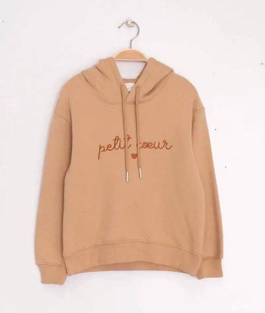 Sweat à capuche beige foncé brodé « petit cœur » avec double cœur