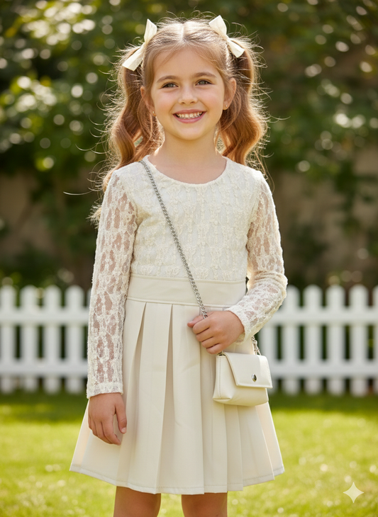 Robe beige plissée avec effet transparent et sac assorti