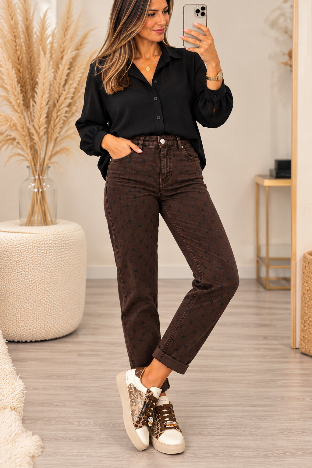 Jean Mom femme chocolat à pois noirs – Taille haute et ultra extensible