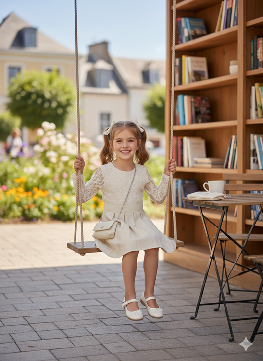 Robe beige plissée avec effet transparent et sac assorti