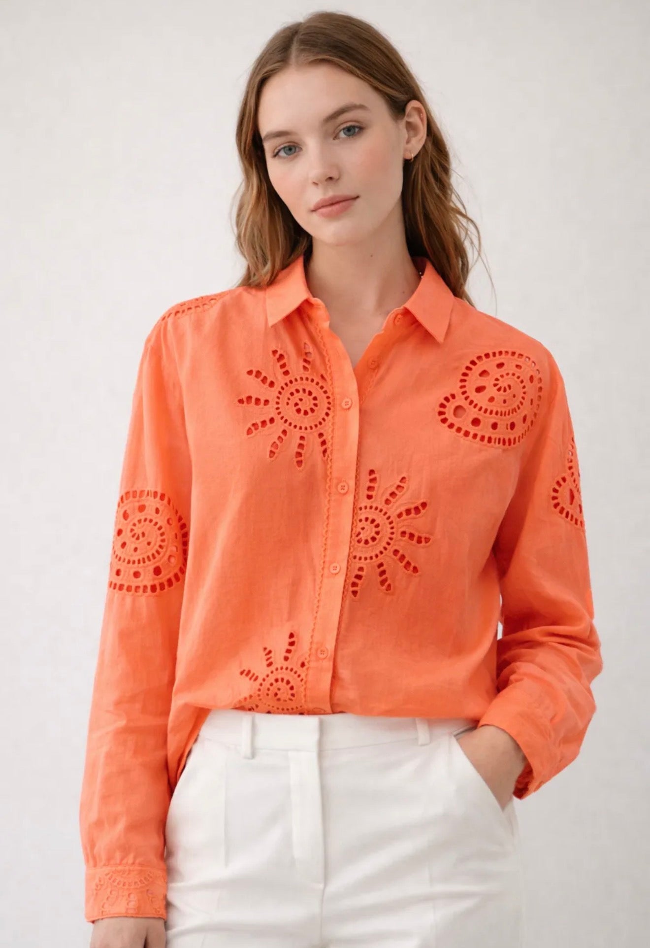 Chemise corail 100 % coton – motifs soleils