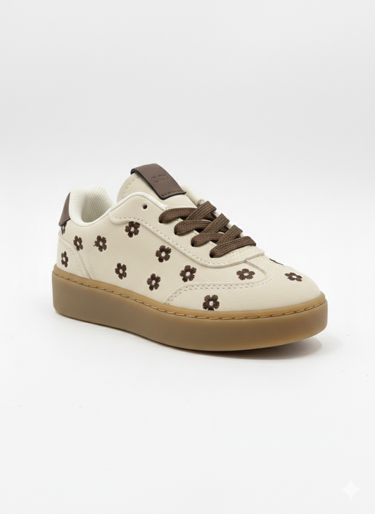 Baskets fille beige avec fleurs brodées marron