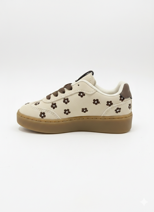 Baskets fille beige avec fleurs brodées marron
