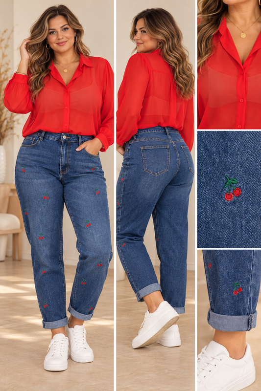 Jean coupe mom avec cerises brodées 🍒👖