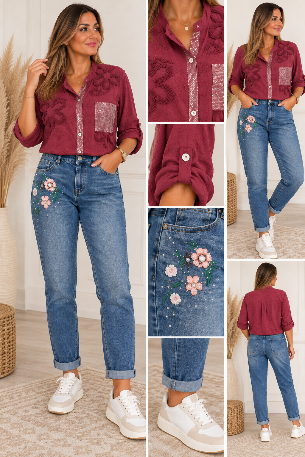 Jean coupe Mom avec fleurs brodées sur le côté – Jean femme tendance