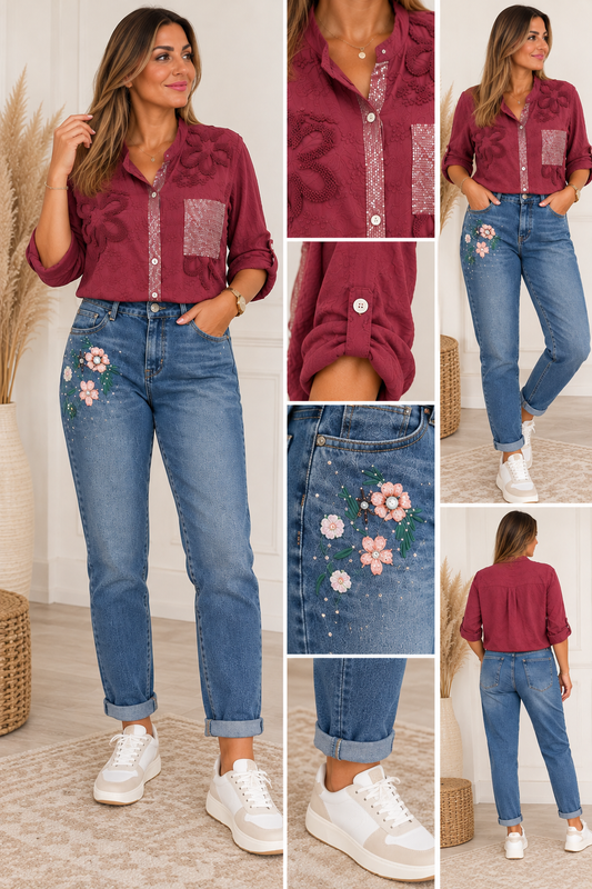 Jean coupe Mom avec fleurs brodées sur le côté – Jean femme tendance
