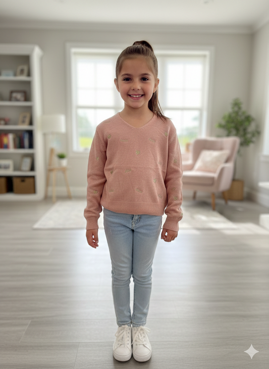 Pull rose mère-fille avec cœur et “Amour” doré