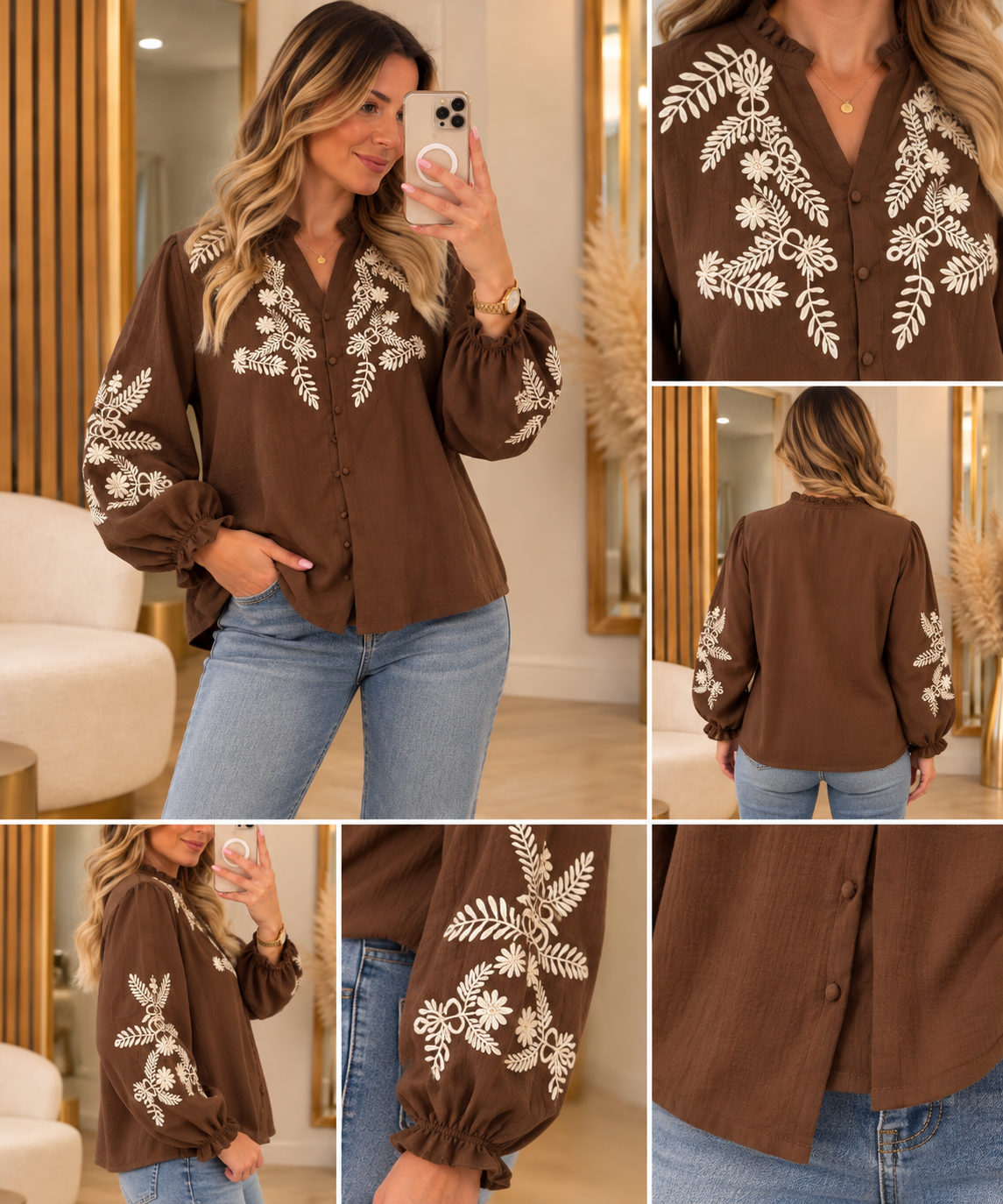 Chemise femme chocolat à broderies écrues – Tendance et élégance