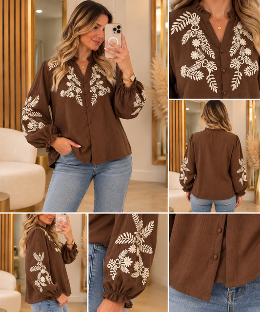 Chemise femme chocolat à broderies écrues – Tendance et élégance