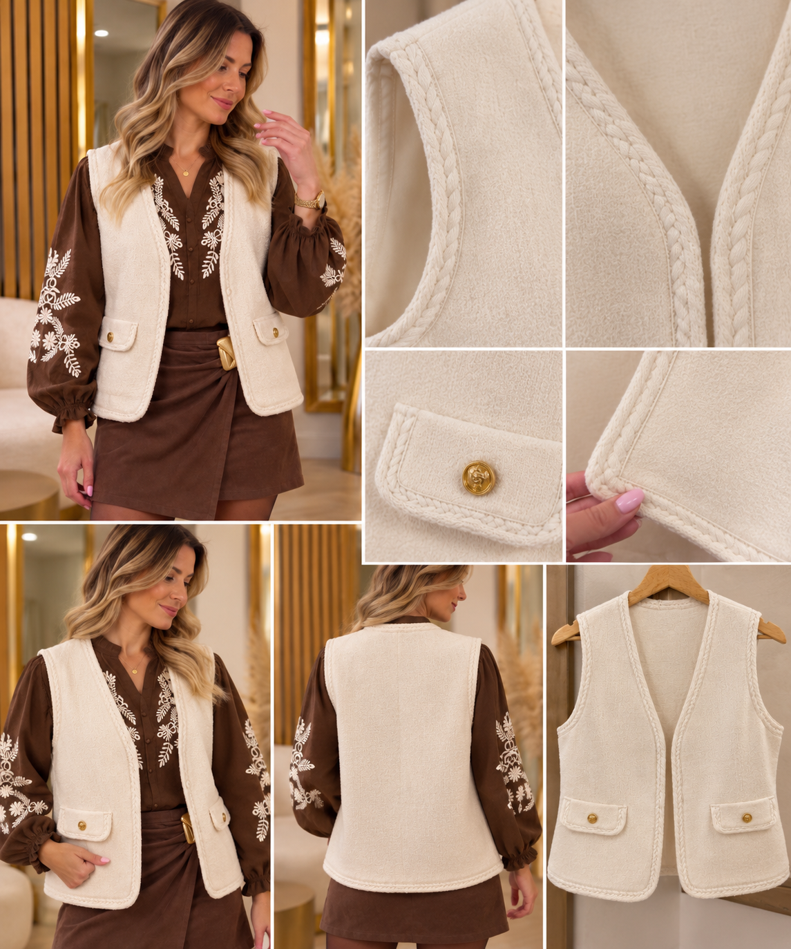 Gilet sans manches femme écru avec boutons dorés – Chic et tendance �