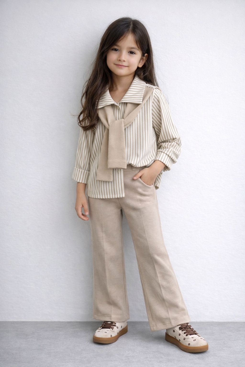 Ensemble fille chemise rayée avec écharpe intégrée et pantalon flare