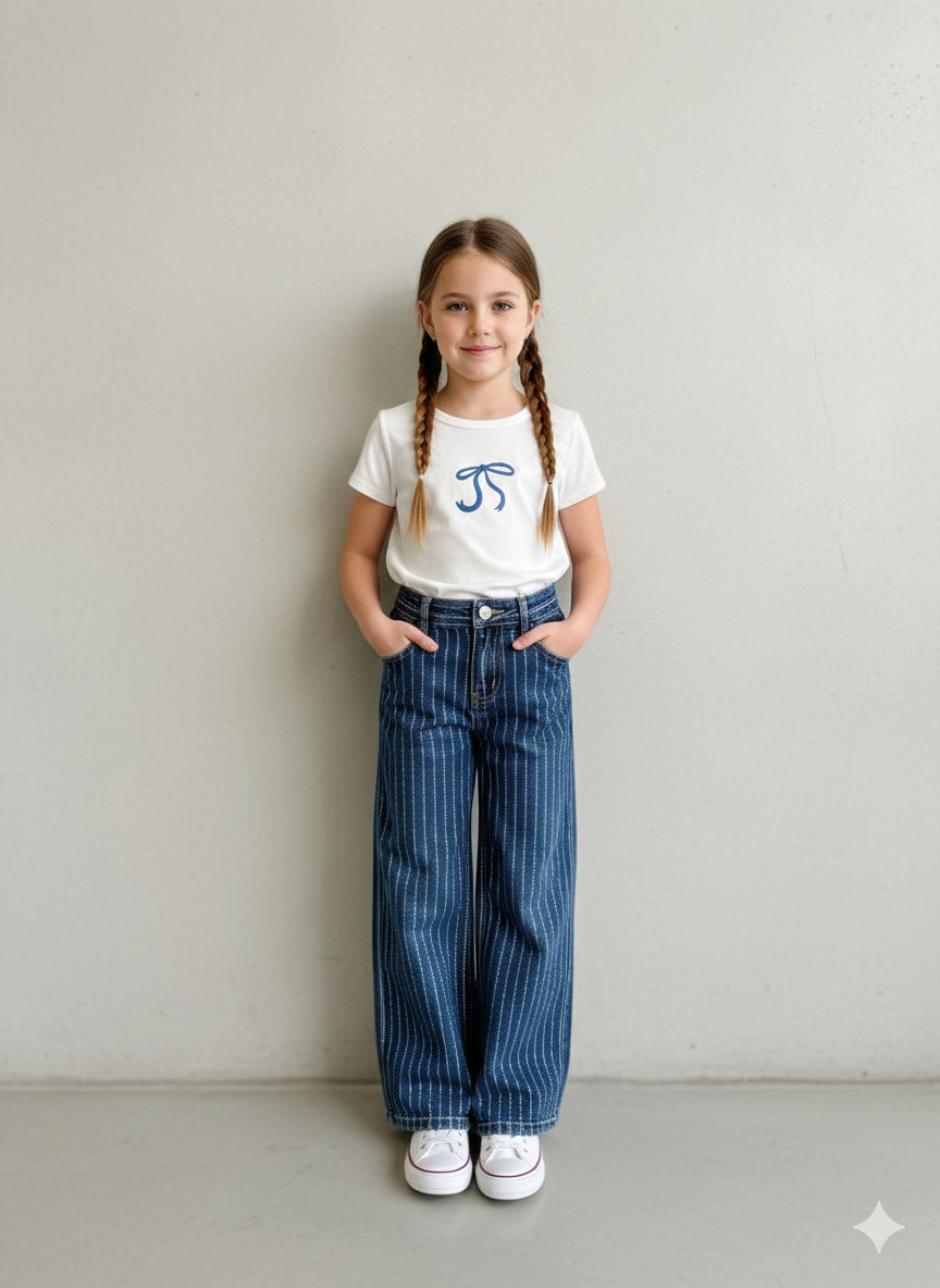 Jean fille coupe Wide Leg avec strass et taille ajustable