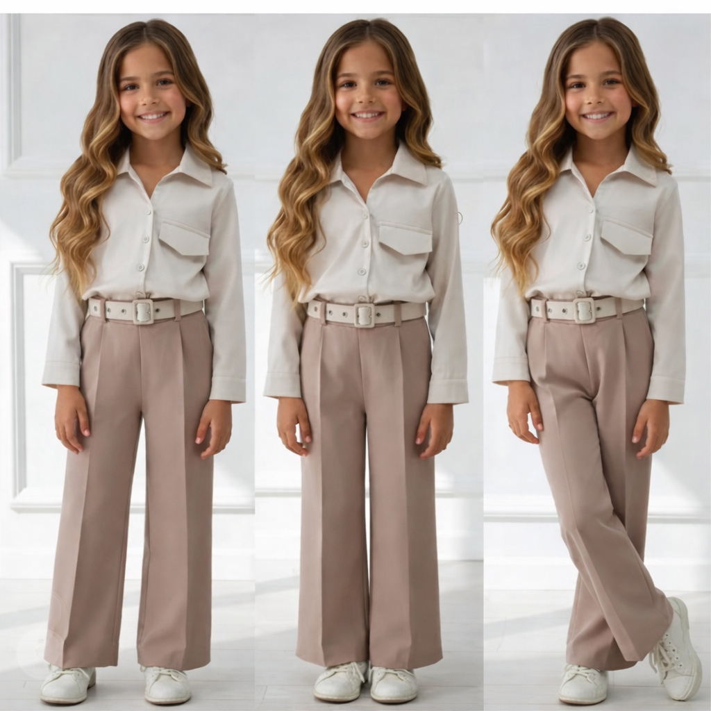 Ensemble fille pantalon large avec ceinture et chemise satinée