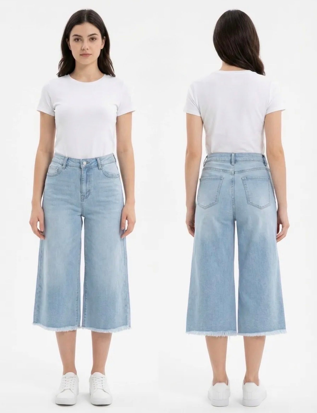 Pantacourt bleu clair – coupe wide leg effiloché