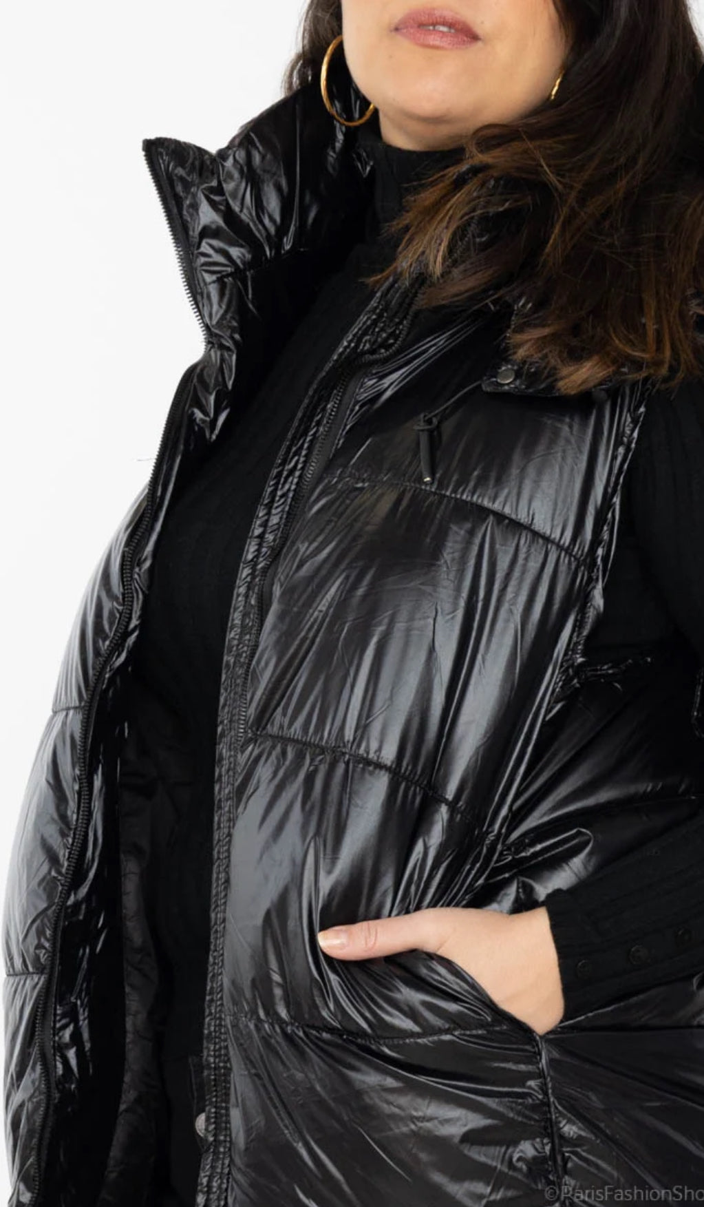 🖤 Doudoune longue sans manches noire brillante avec capuche – 100 % polyester