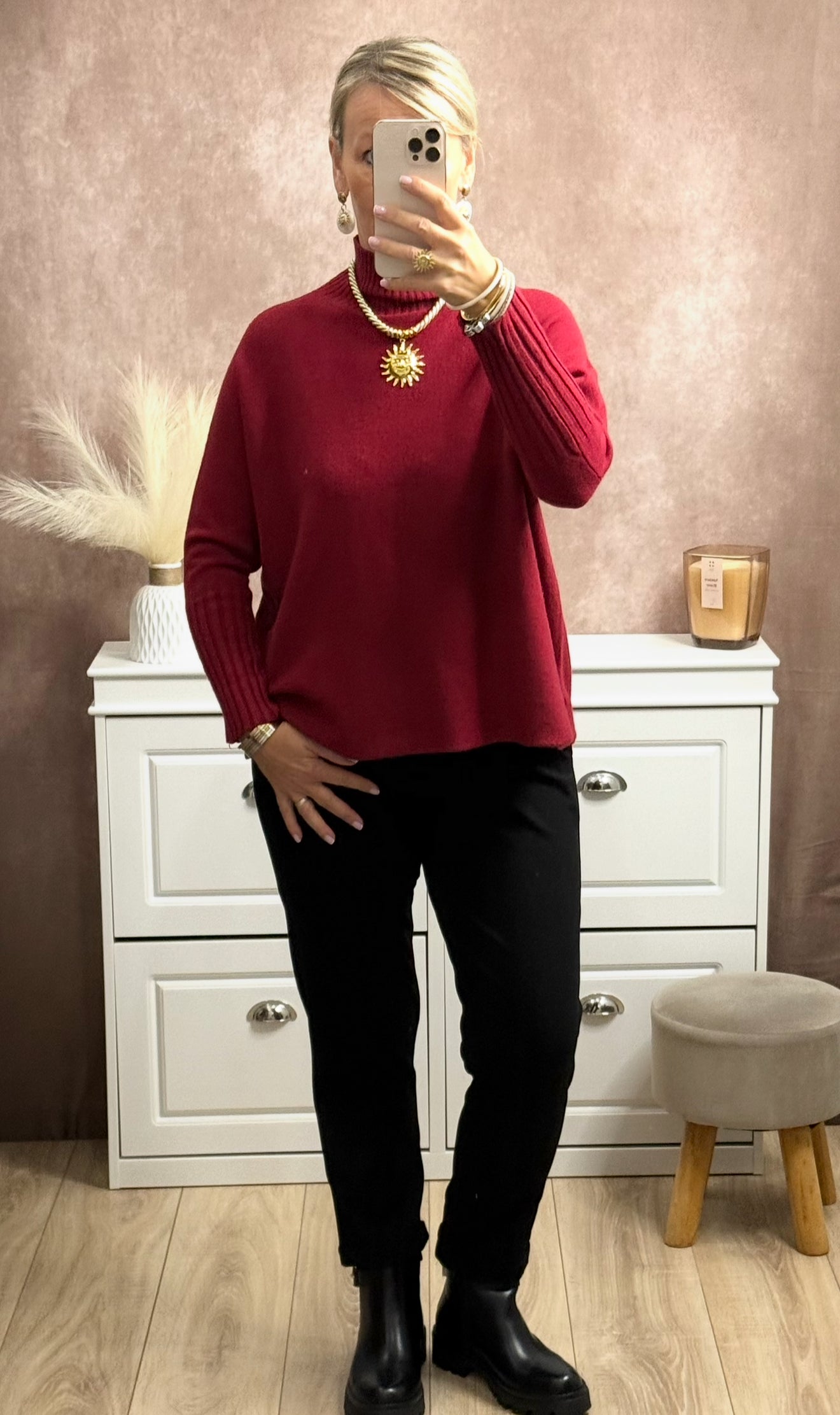 🤍 Pull femme – Col cheminée et manches chaussettes