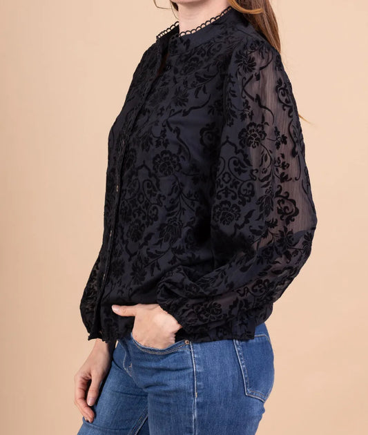 🖤 Chemise noire femme – Motif ton sur ton et dos légèrement transparent