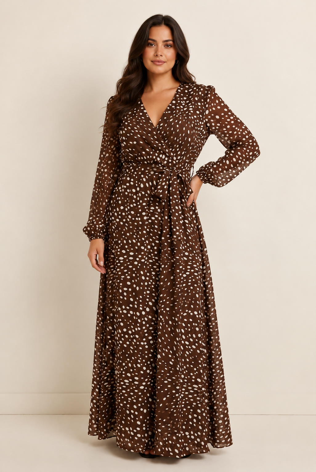 Robe longue chocolat femme avec ceinture assortie