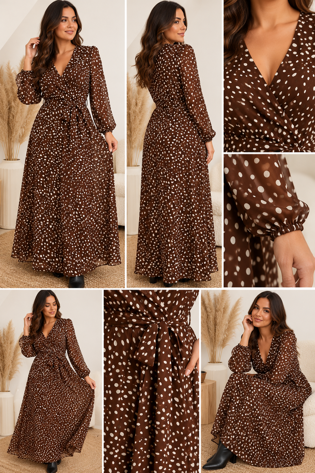 Robe longue chocolat femme avec ceinture assortie